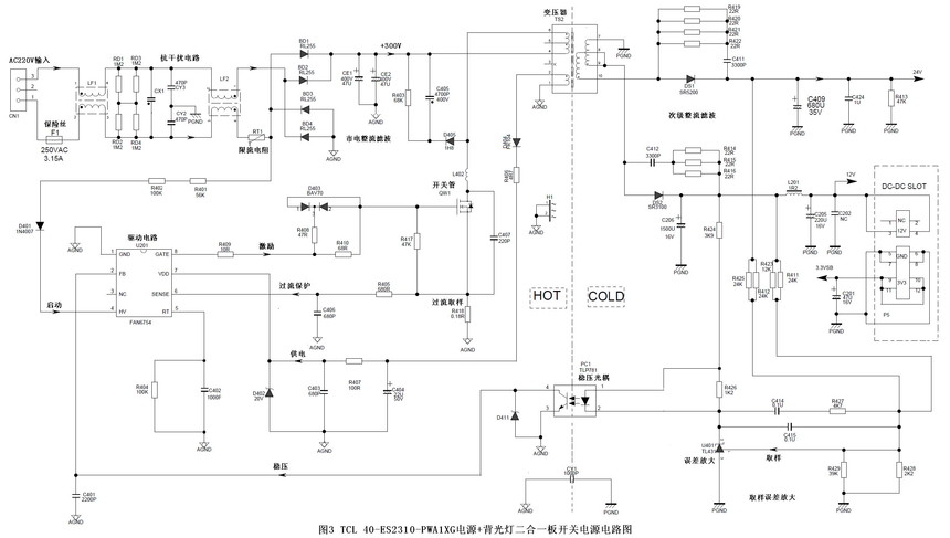 2)、启动工作过程 通电后,市电整流滤波后产生的+300V电压经变压器TS2的初级6-4绕组为开关管QW1的D极供电,AC220V市电经R401、R402降压,D401整流后为U201的4脚提供启动电压。主电源启动工作,U201从8脚输出激励脉冲,推动QW1工作于开关状态,其脉冲电流在开关变压器TS2中产生感应电压。其中TS2的1-2绕组感应电压经D404、R406整流、限流、C404滤波后产生的直流电压经R407、为U201的7脚提供VDD工作电压,替换下启动电压,为U201供电。 开关变压器TS2中次