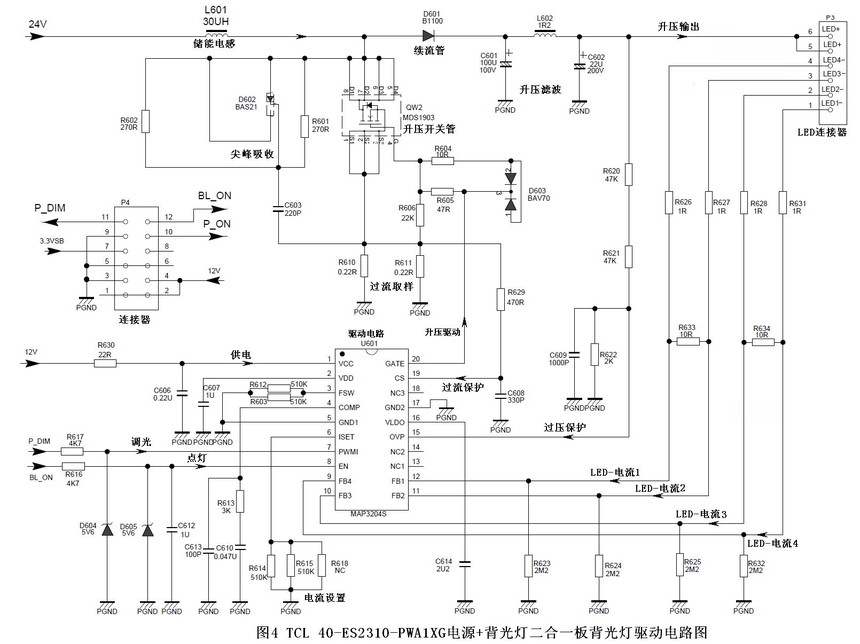 2)、启动工作过程 通电后,市电整流滤波后产生的+300V电压经变压器TS2的初级6-4绕组为开关管QW1的D极供电,AC220V市电经R401、R402降压,D401整流后为U201的4脚提供启动电压。主电源启动工作,U201从8脚输出激励脉冲,推动QW1工作于开关状态,其脉冲电流在开关变压器TS2中产生感应电压。其中TS2的1-2绕组感应电压经D404、R406整流、限流、C404滤波后产生的直流电压经R407、为U201的7脚提供VDD工作电压,替换下启动电压,为U201供电。 开关变压器TS2中次