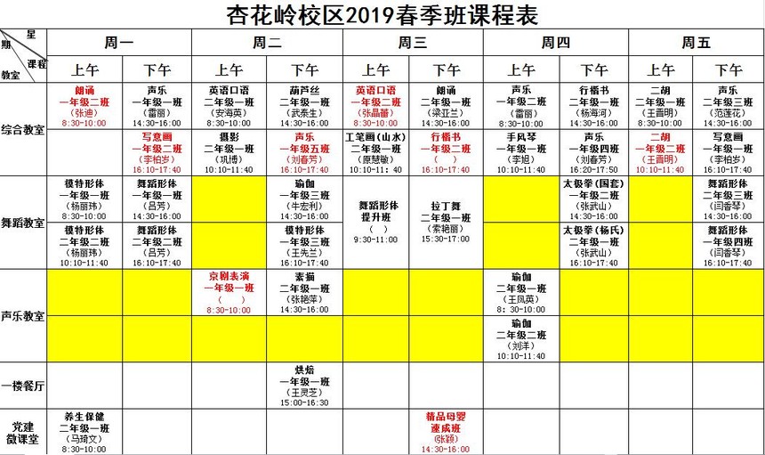 温馨提示:以下所发布的太原青创老年大学各校区课程表