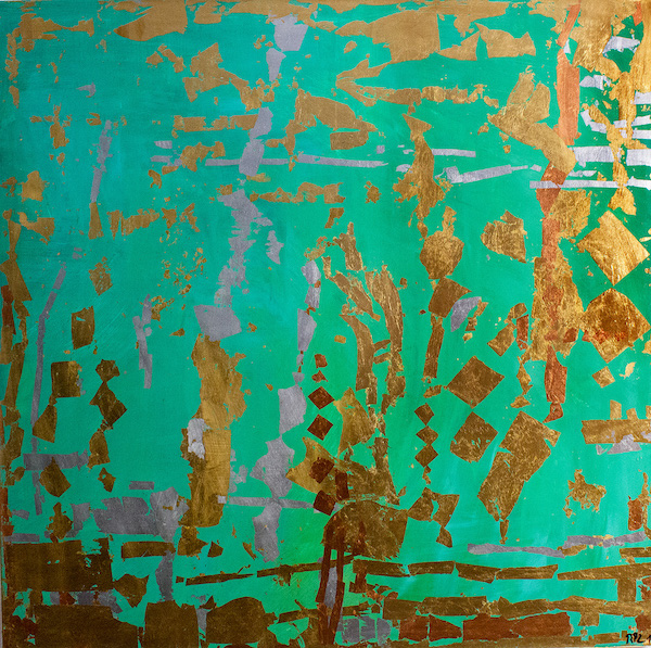Abstract- Gold leaf and silver leaf on green, Mixed technique with gold leaf and silver leaf on canvas, 100x100cm, 2016, Renate Pribert-Zimny.jpg