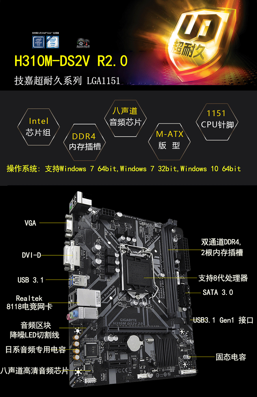 技嘉(gigabyte) h310m ds2v "吃鸡"游戏主板 (intel h310/lga 1151)2.